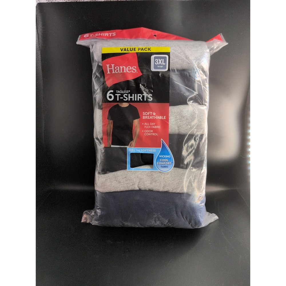 Hanes Mens 3XL Tagless T-Shirts 6 Pack Crew Neck Black Navy Grey 216BG6 New